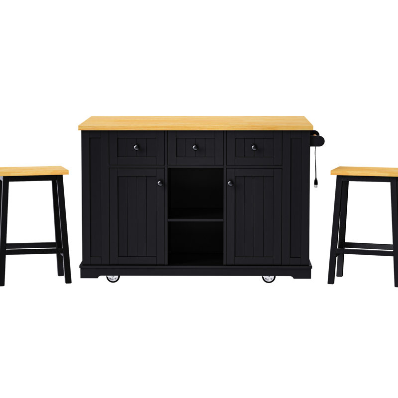 Large Kitchen Island With 2 Bar Stools, Power Outlets, Internal Storage, Folding Drop Leaf, 5 Open , 3 Drawers, Black For Splendid Areas Socket, Leaf Table, Side In Artistic Spaces
