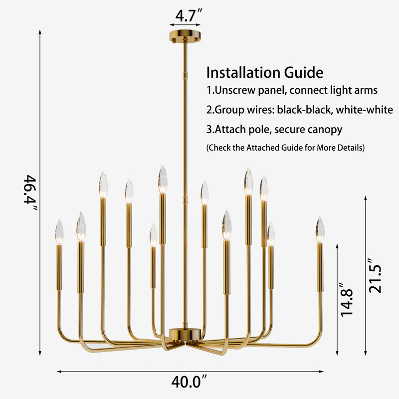 Jassel 12 - Light 40"W Polished Brass Dimmable Classic Candle - Style Tradtional/Classic Chandelier for Dining Room or Kitchen