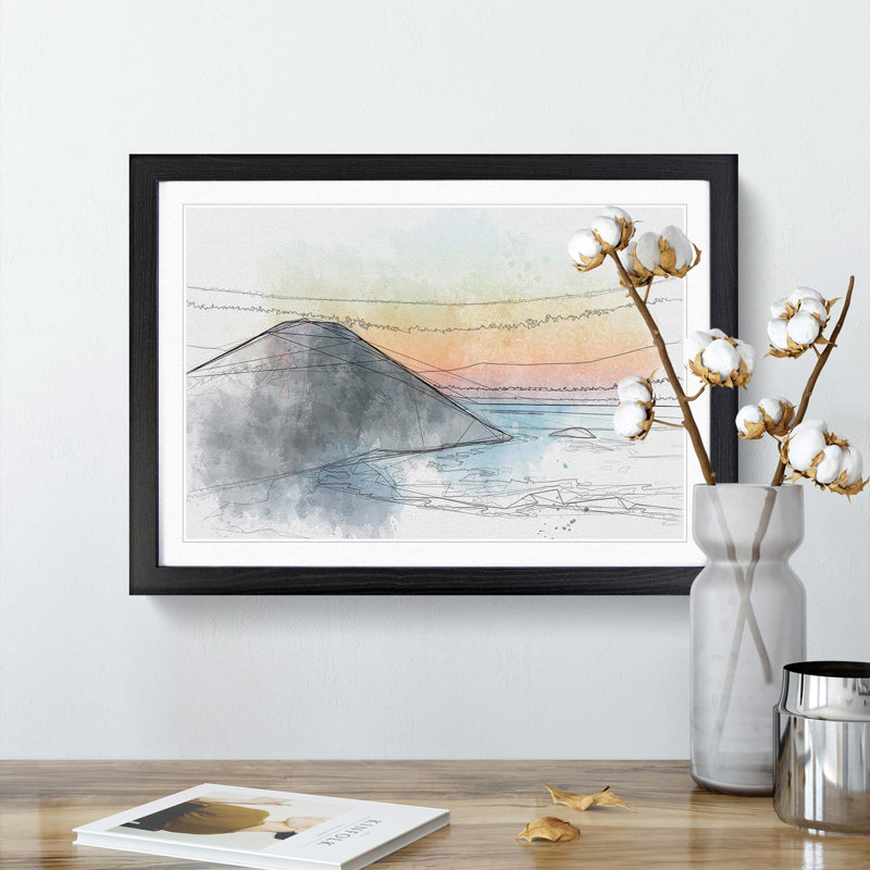 Mount Sumbing in Indonesia in Abstract - Picture Frame Drawing Print, 27cm H x 36cm W x 2cm D, Black Framed