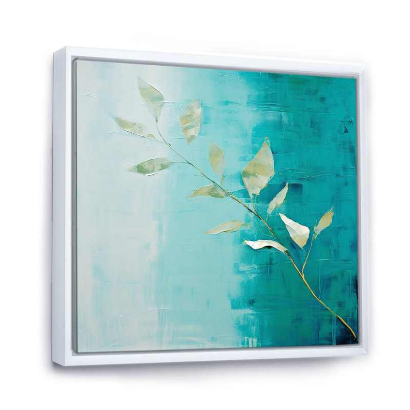 " Turquoise Abstract Leaf Harmony ", 16" H x 16" W x 1" D, White Floater Framed
