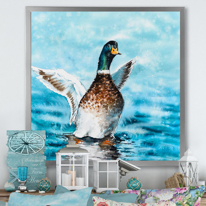 Canard colvert étirant ses ailes - sur, H 30 po x l 30 po x P 1 po, Impression argent sur toile encadrée