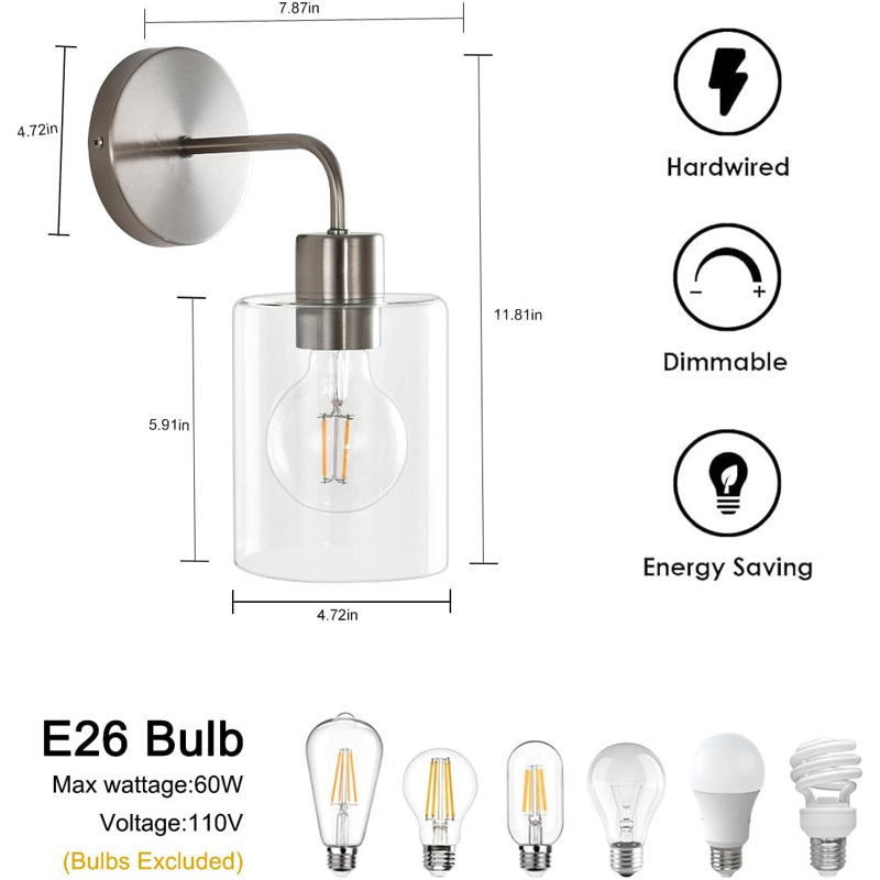 Modern Minimalist Wall Sconce With Clear Glass Shade, Brushed Nickel Finish, Up And Down Lighting For Bathroom, Bedroom, And Hallway