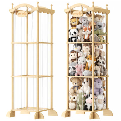 Wooden Stuffed Animal Zoo Storage Organizer with Bungee Cords for Nursery Playroom Kids Room
