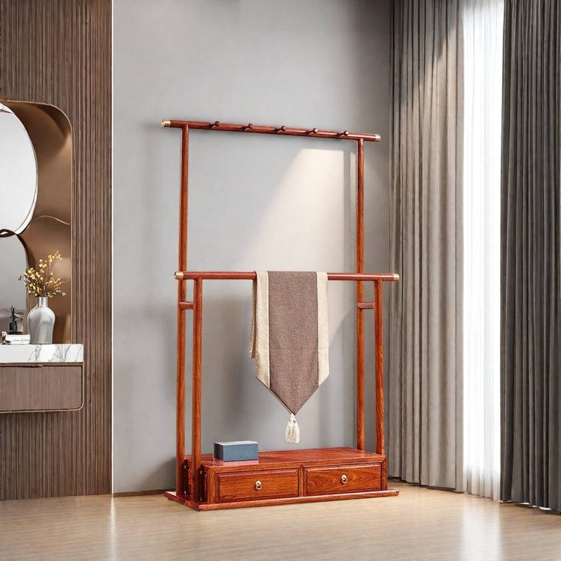 Zitan Wood Coat Rack with Drawers & Hooks