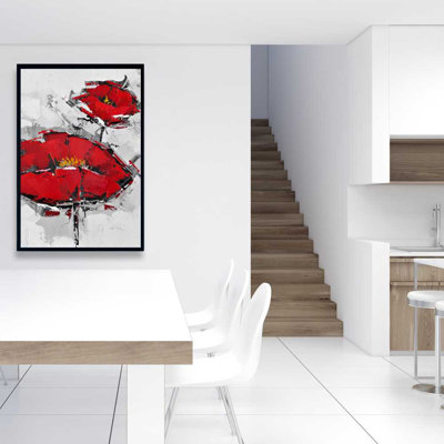 Coquelicots rouges texturés - toile grise contemporaine