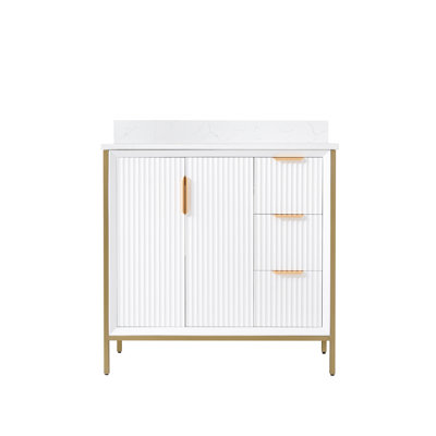 Meuble-lavabo en bois massif H 35 po x l 36 po avec comptoir en quartz et lavabo simple