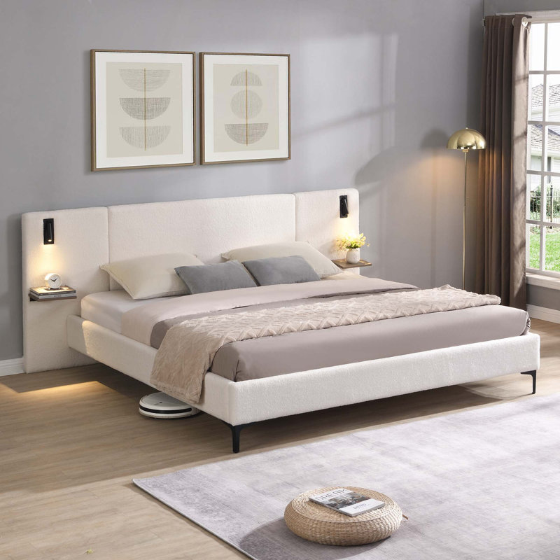 Lit rembourré avec lumières et tablettes intégrées, Blanc, Très grand lit