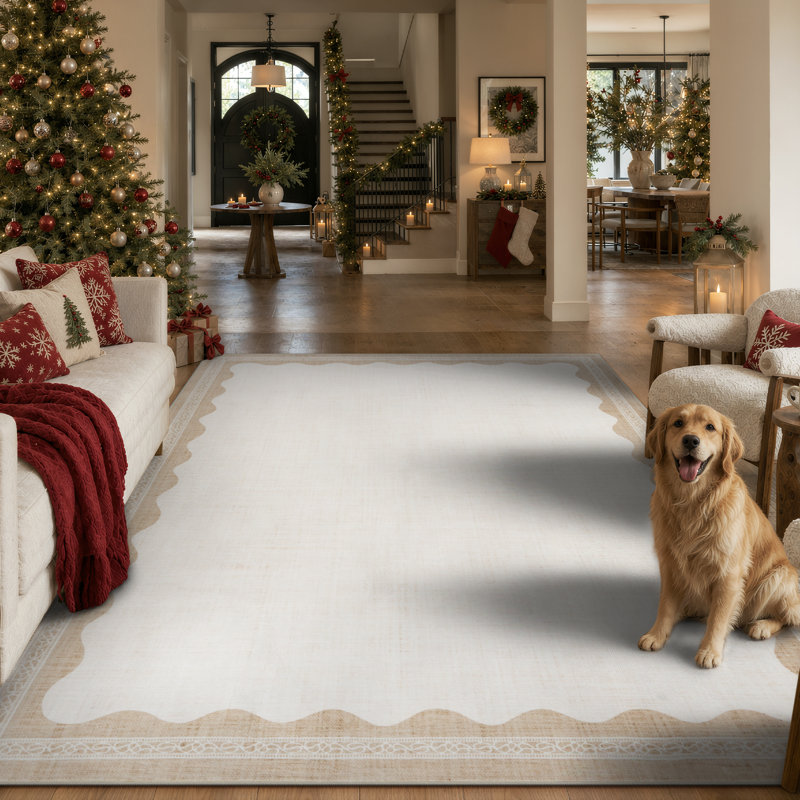 Tapis beige vintage à bordure ondulée, lavable et antidérapant, idéal pour le salon, la chambre à coucher ou le bureau.