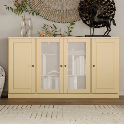 100% Solid Wood 65" Sideboard with Solid, Frosted Glass Doors and Adjustable Shelves