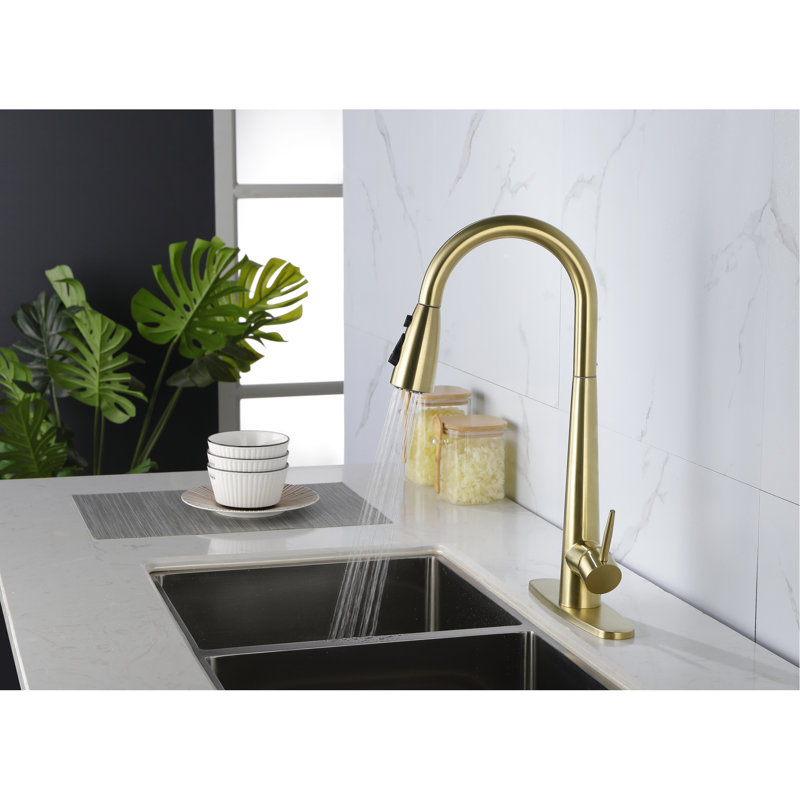 Robinet d'évier de cuisine à poignée simple, rétractable, or brossé, matériau en acier inoxydable, buse rotative à 360 °, trois modes de sortie d'eau, débit aéré fluide, revêtement en acier inoxydable antirouille, Variétés,