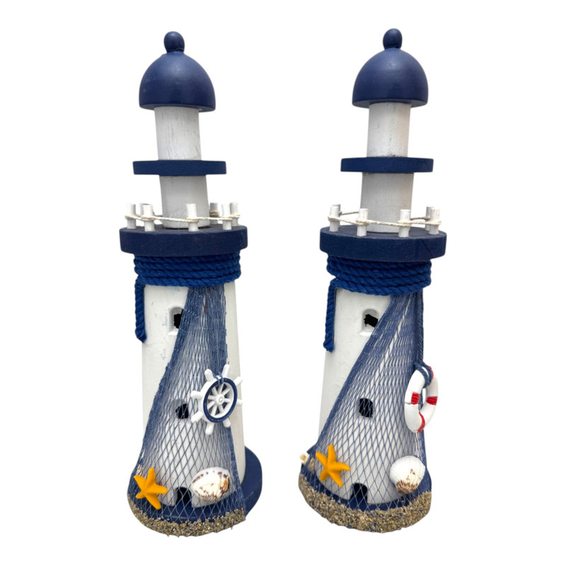 Ensemble de 2 décorations différentes sur des figurines de phare, H 10,8 po x l 3,5 po x P 3,5 po, Blanc-bleu
