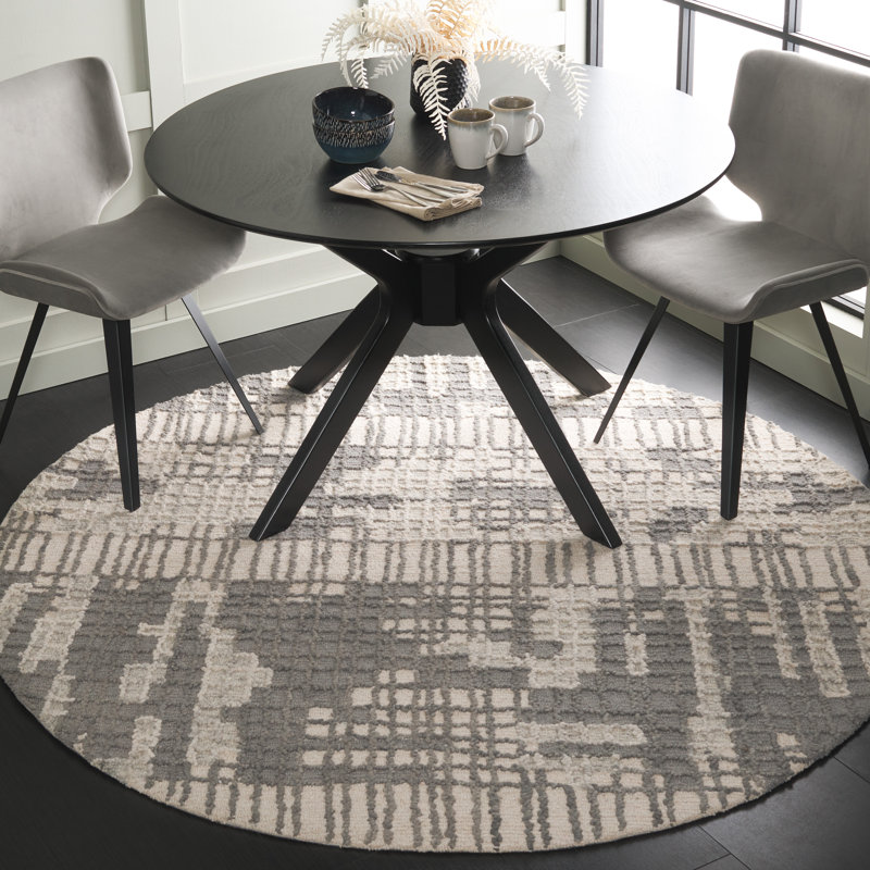 Veonica Hand Tufted Wool/Cotton Abstract Rug in Gray/Ivory/Dark Gray, Round 6'