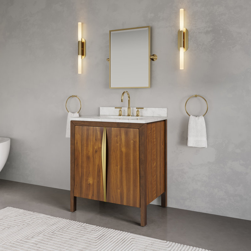 Ferrero 30 in. Single Sink Carrara White Marble Bath Vanity in Noir Juglans with Satin Gold Hardware