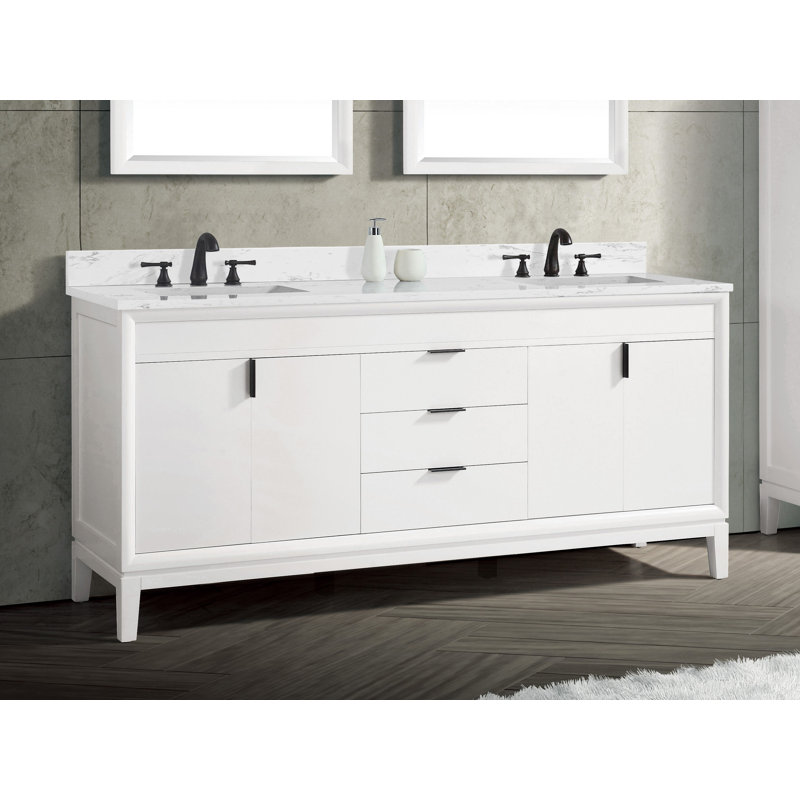 Ensemble de meuble-lavabo double 73 po Emma, Blanc, Marbre blanc de Cala