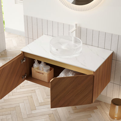 Meuble-lavabo 36 po, meuble de rangement flottant en contreplaqué, portes doubles en sergé avec garniture en métal, vasque ronde en verre transparent et plateau en pierre frittée blanc de Carrare, grain de bois de chêne brun