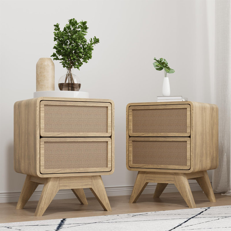 Natural Wood and Linen 2-Drawer Nightstand Set with Tapered Legs