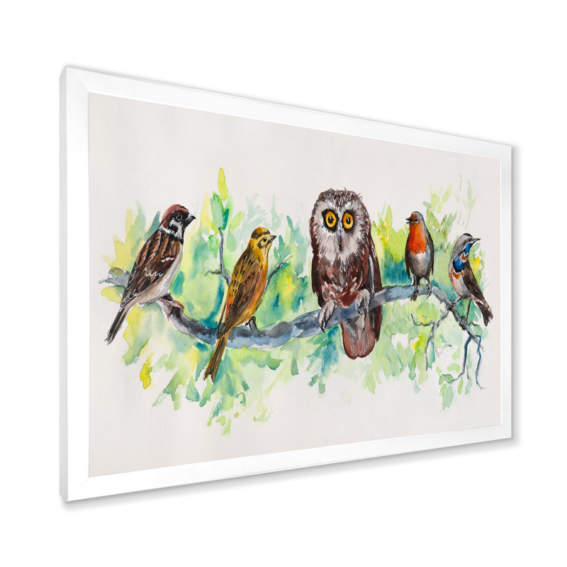 Hibou sur une branche avec des amis oiseaux - Peinture sur toile, H 16 po x l 32 po x P 1,5 po, Toile blanche encadrée