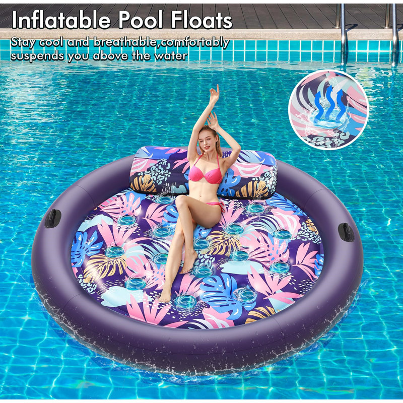 Inflatable Pool Float Mat, 73" X 73" Pool Floats Adult Extra Large Size With Removable Pillow, Cooling Floaties Bed With Grab Handles For Outdoor Summer Party