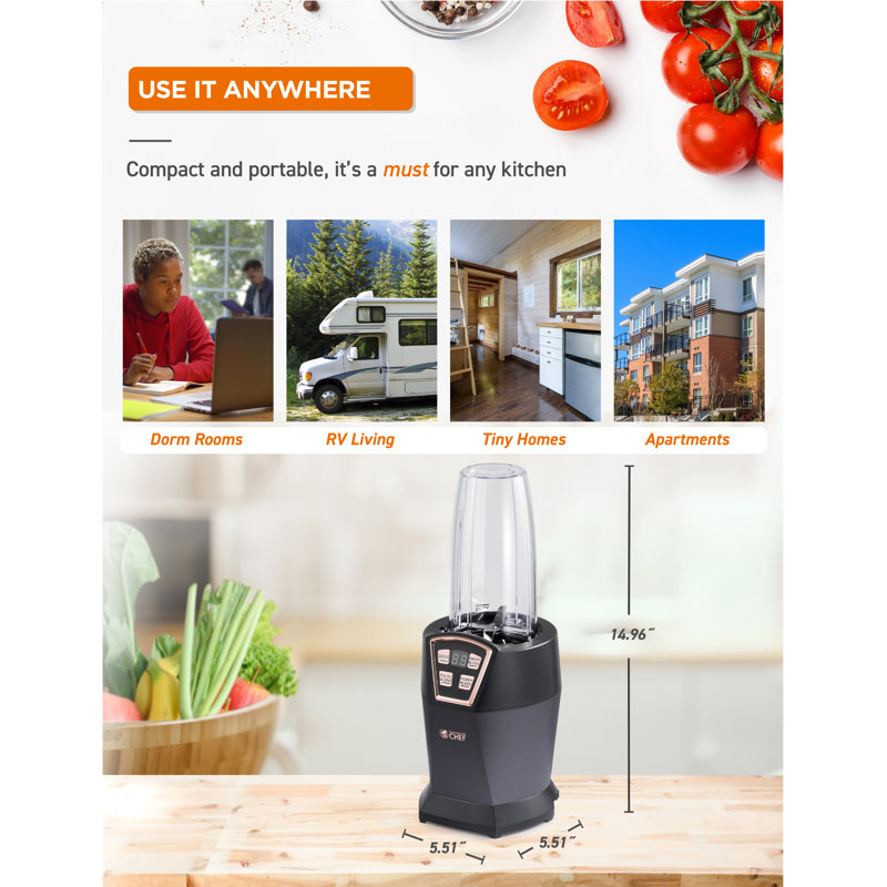 CHB Series COMMERCIAL CHEF Personal Blender with 6 Stainless Steel Blades, LED Display