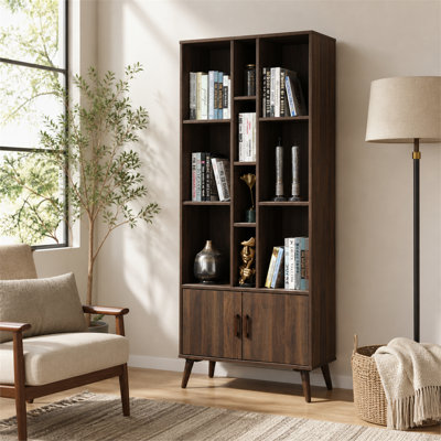 Dark Walnut 75 Inch Tall Bookcase with 10 Open Storage Shelves & 1 Closed Cabinet, Faux Wood Freestanding Bookshelf for Home Storage