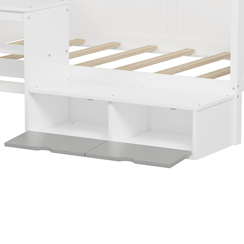 Size Daybed With Storage Shelves And Lockers, Multi-Functional Bed With Study Desk And Matching Stool, White