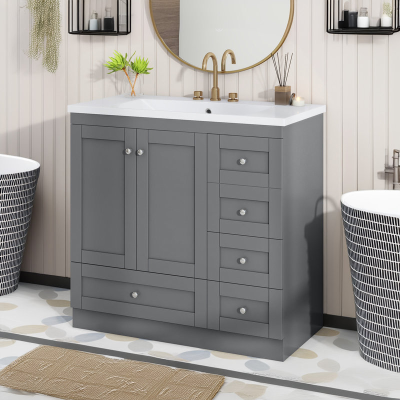 Armoire de salle de bain avec lavabo, 4 tiroirs et 2 portes, Gris