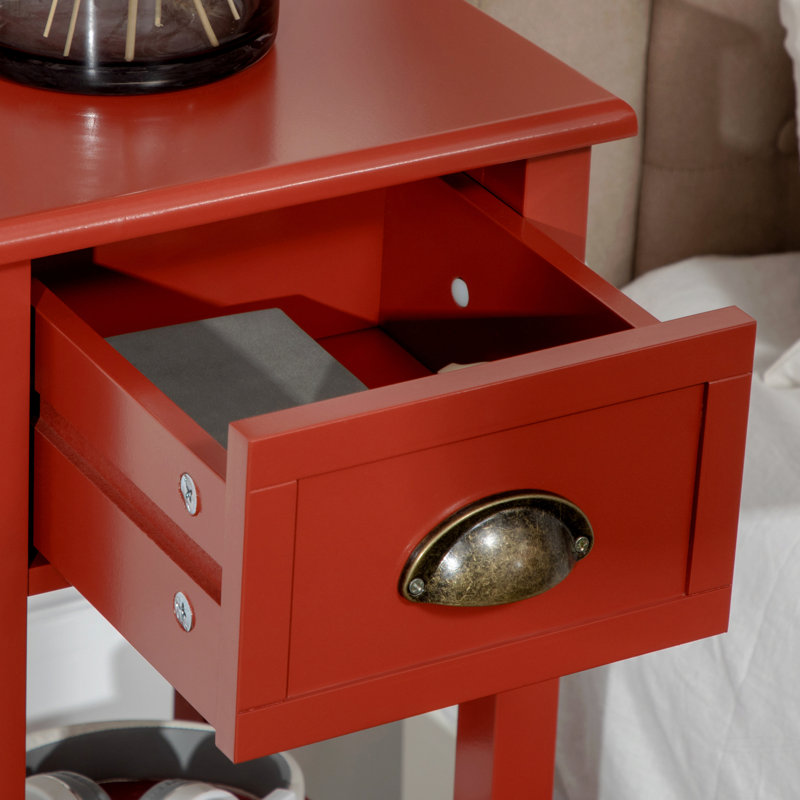 2-tier Side Table with Drawer and Storage Shelf, Modern Beside Table, 29.5" H x 11.75" W x 11.75" D, Red, 1