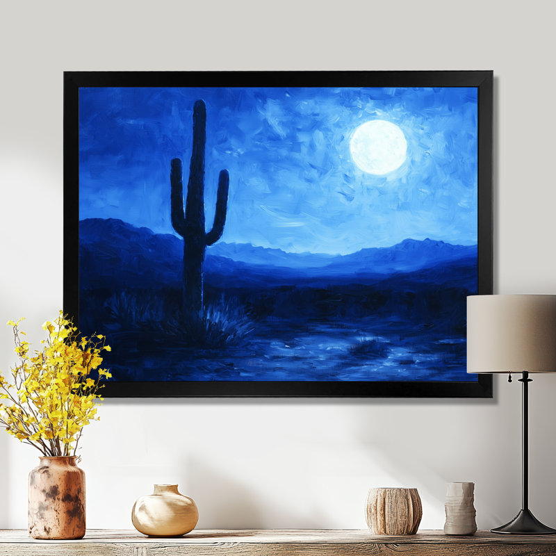 Cactus sous le désert, étoiles bleues II - art mural grand cactus, H 12 po x l 20 po, Cadre simple, Noir