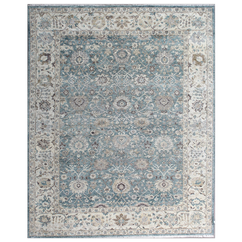 Tapis bleu clair / ivoire de haute qualité noué à la main, Rectangle 9 pi x 12 pi