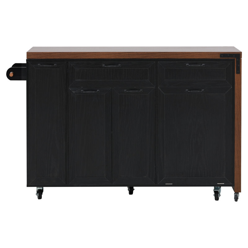 Farmhouse Kitchen Island with Pull-Out Countertop,Kitchen Rolling Island Cart with Trash Bin Storage Cabinet and 3-Tier Pull-Out Spice Rack
