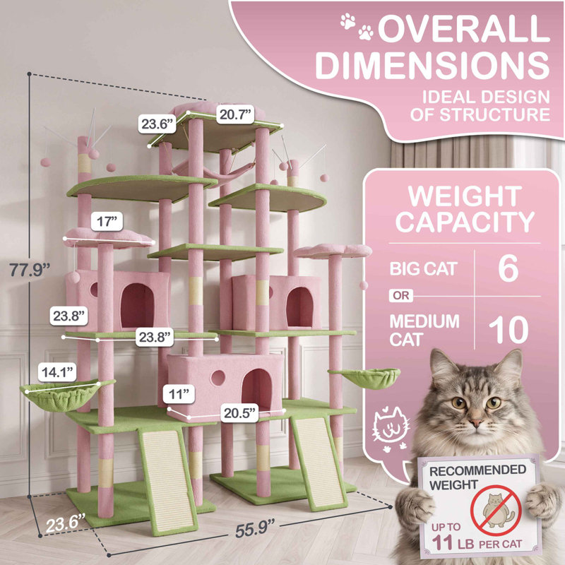 Arbre à chat extra large de 203 cm (80 pouces) avec perchoir élargi pour grands chats, tour d'intérieur pour grands chats, tour d'activités moderne à plusieurs niveaux avec poteaux à griffer, niches, paniers, hamac et rampes à griffer