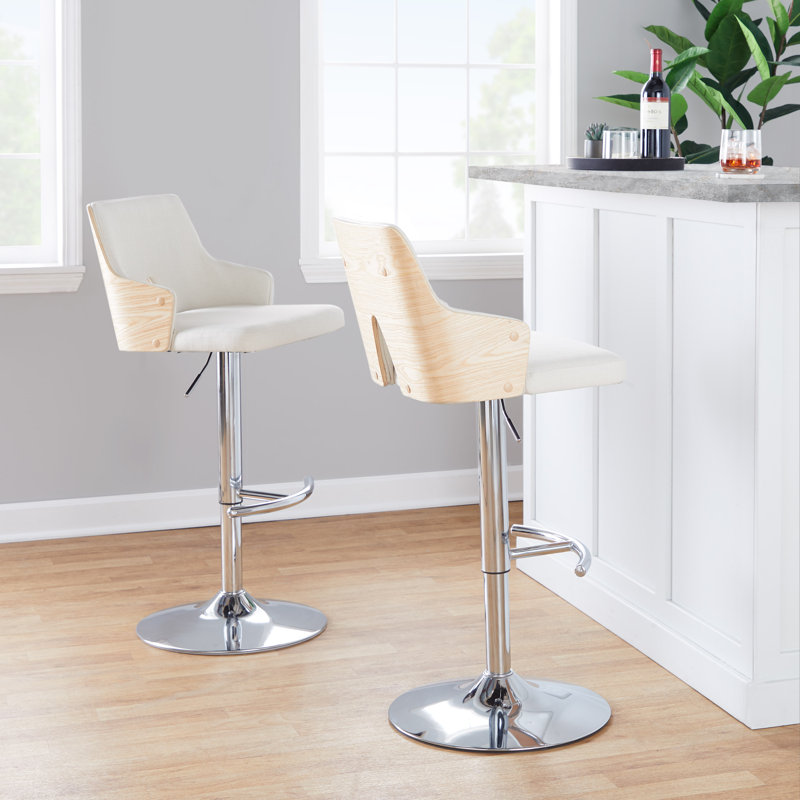 Tabouret de bar pivotant à hauteur réglable avec structure en métal, Chrome / bois naturel, Crème