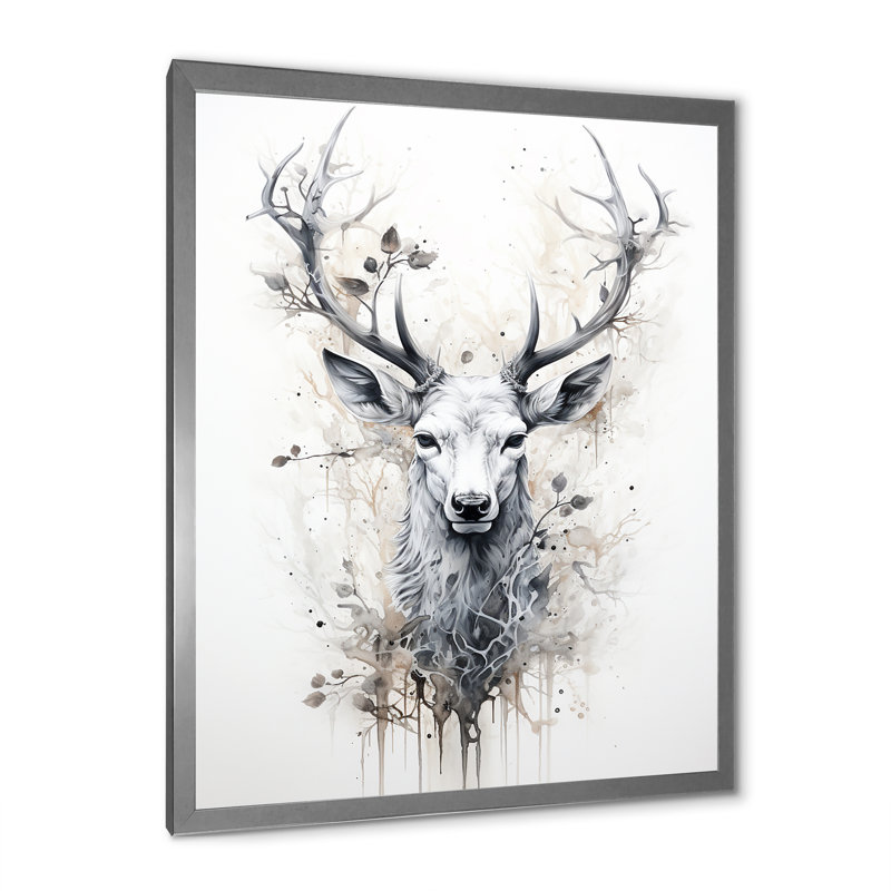Portrait de cerf noir et blanc sur toile, H 32 po x l 24 po x P 1 po, Cadre simple argenté
