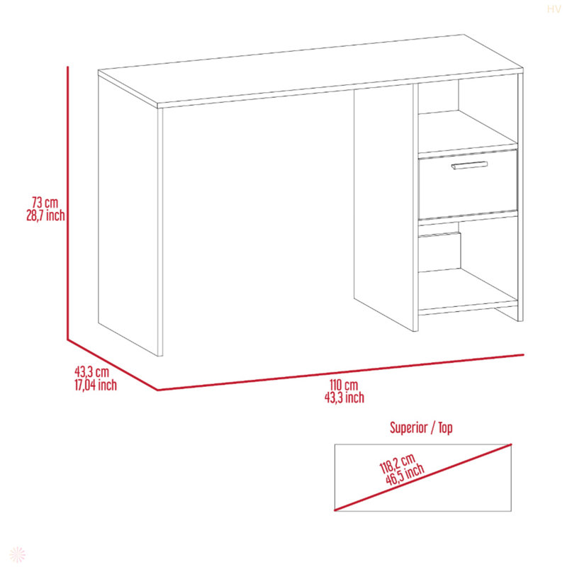 Bureau d'ordinateur Odessa avec tiroir simple et armoires de rangement ouvertes, H 28,58 po x l 43,3 po x P 17,11 po
