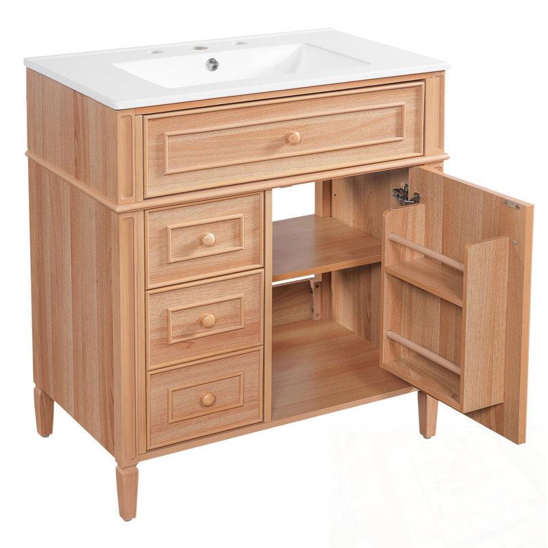 Meuble-lavabo de salle de bain avec lavabo, tiroir rabattable, 2 tiroirs à fermeture en douceur et 1 porte à fermeture en douceur