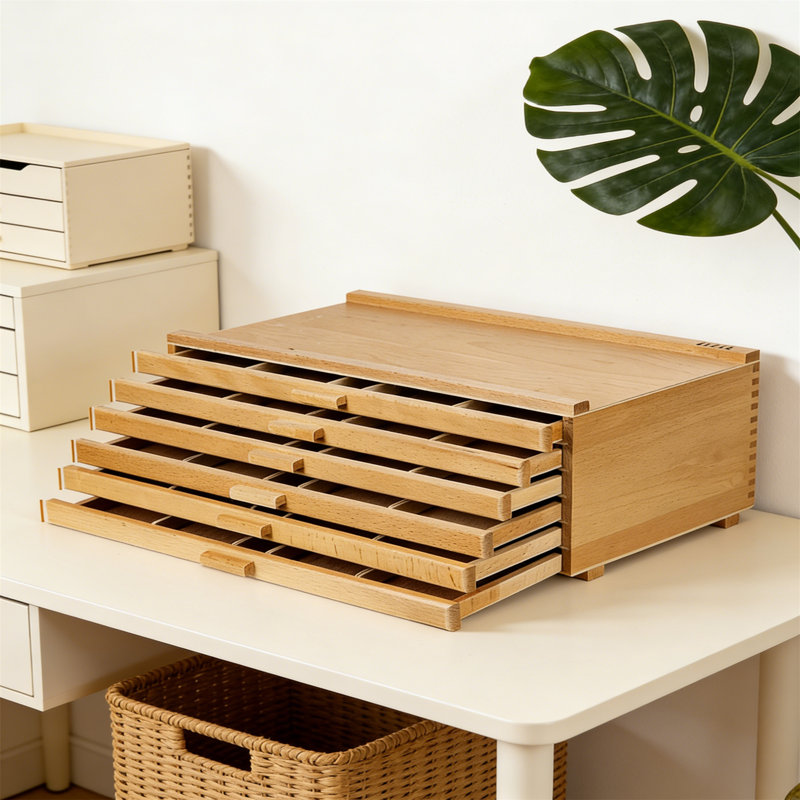 6-Drawer Art Supply Storage Box, Portable Beech Wood Organizer With Removable Dividers For Brushes, Pastels, Markers & Art Tools