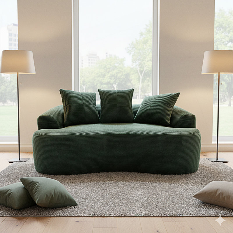 Causeuse courbée avec coussins à ressorts ensachés, petit canapé avec 3 coussins décoratifs, Velours côtelé vert foncé