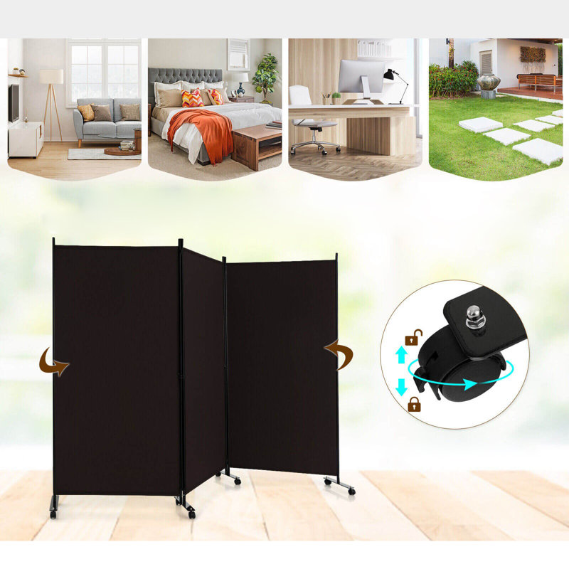 White 3-Panel Folding Room Divider with Lockable Wheels