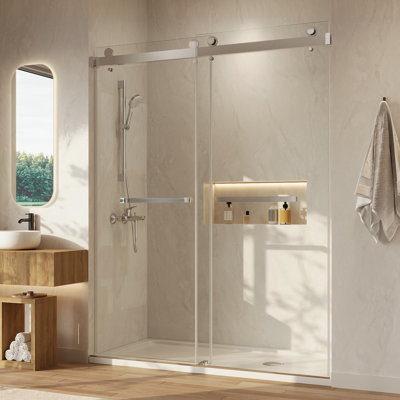 DeerValley 56" - 60" W x 76" H  Double Sliding Frameless Shower Door with 3/8"(10mm) Clear Glass, Stainless Steel Accessories