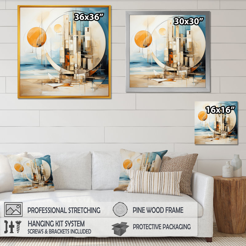«Geometric Coastal Moments Horizon» - art mural nautique et plage, salon, H 36 po x l 36 po x P 1,5 po, Cadre flottant doré