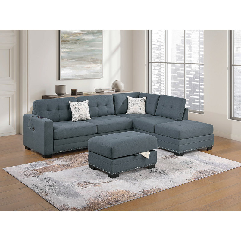Ensemble de salon modulaire en forme de L avec repose-pieds et canapé capitonné 3 pièces, Gris foncé
