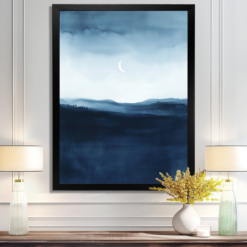Horizon de nuit bleu blanc bleu II - Tableau encadré Lune, H 40 po x l 30 po, Black Picture Framed