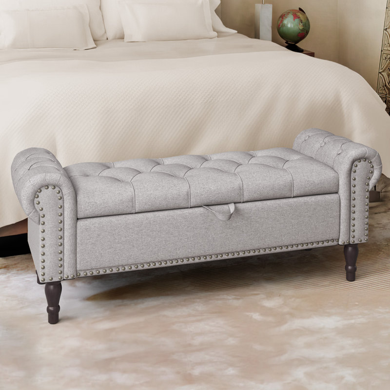 Banc de rangement rembourré Dawsey, H 19,6 po x l 50,7 po x P 17,1 po, Lin gris pâle