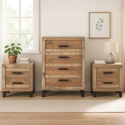 Biloxi Bedroom Storage Set – Dresser, Tall Chest, and Nightstands in Antique Natural Wood by Union Rustic