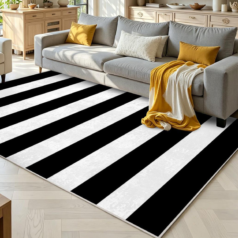 White Black Stripes Classic Fabric Stripe Abstract Art Backdrop Machine Washable Indoor Area Rug, Rectangle 71" x 98"