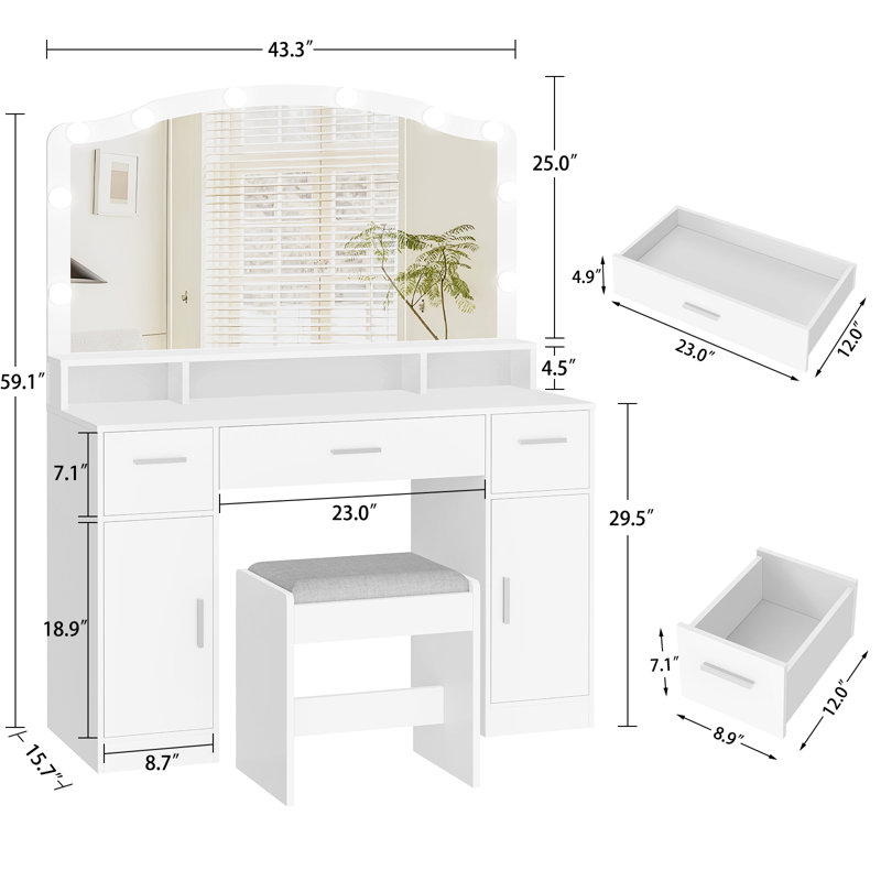 Ensemble coiffeuse et tabouret Areena, Blanc