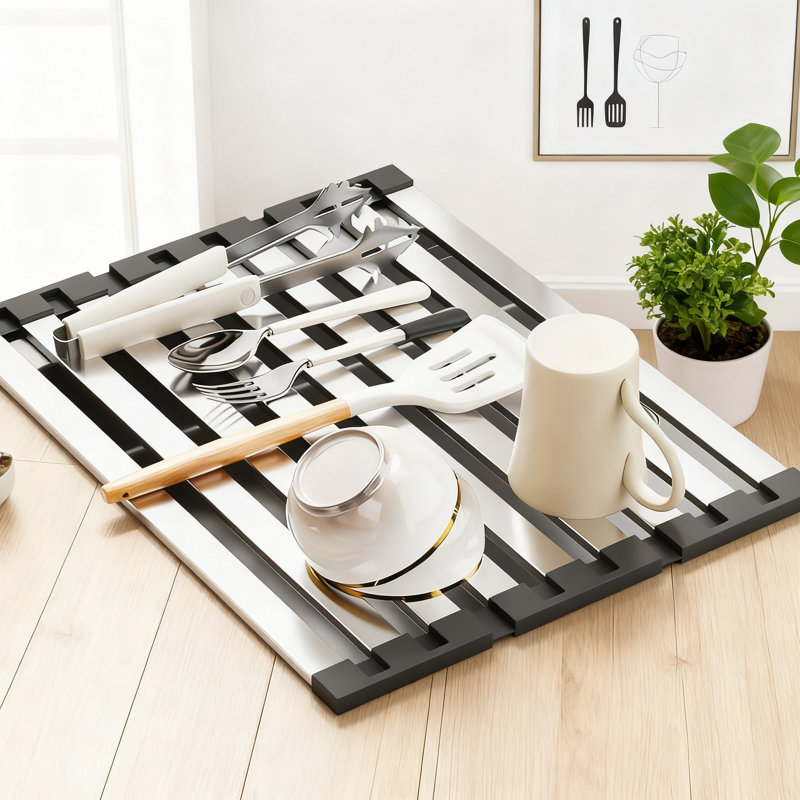 Égouttoir à vaisselle pliable sur évier, tapis d'évier de cuisine enroulable en acier inoxydable et égouttoir pour un rangement peu encombrant