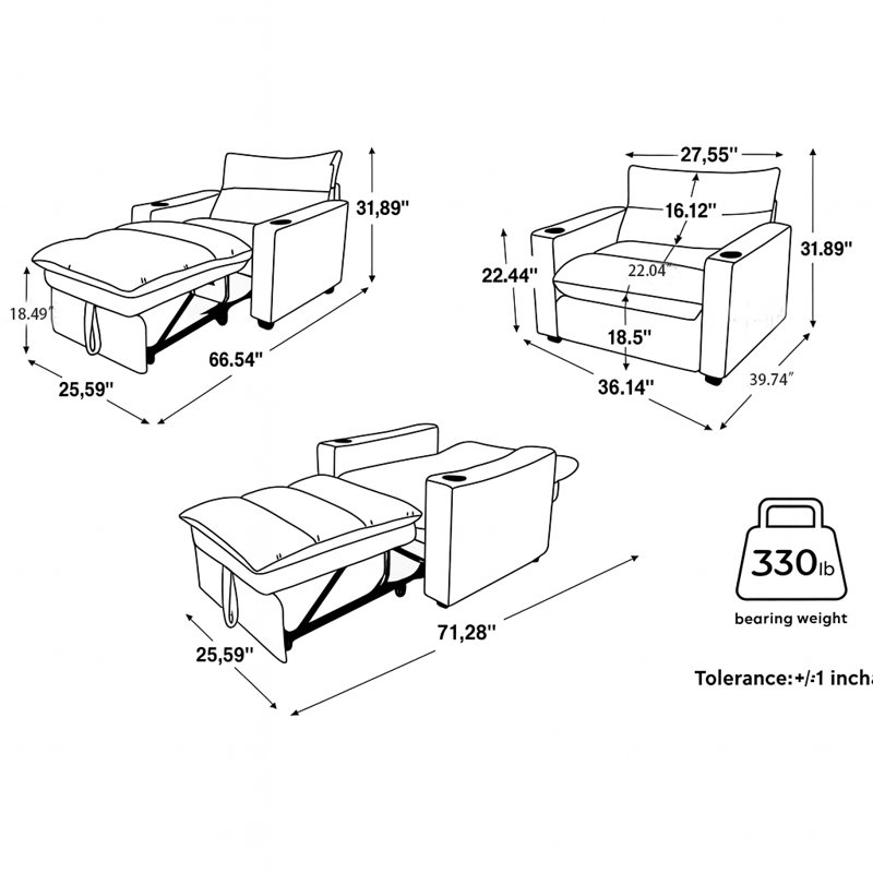Fauteuil-lit convertible à 3 positions avec dossier réglable, porte-gobelets et coussin rembourré, Beige