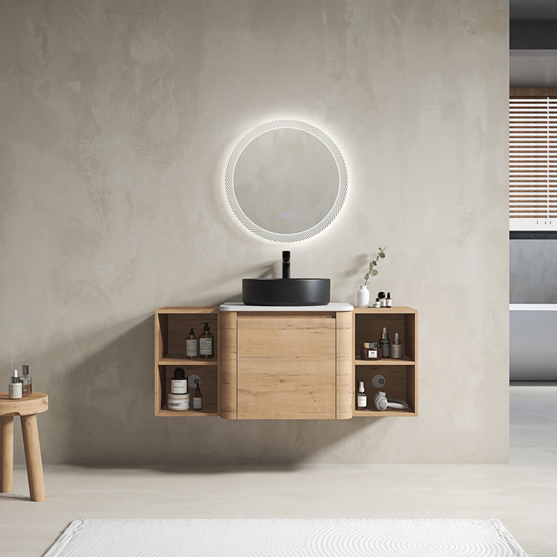 Meuble-lavabo mural avec lavabo d'art en céramique et 2 tablettes de rangement, 48"