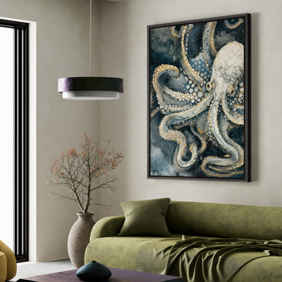 Framed Canvas Wall Art - Vintage Octopus in Deep Ocean Colors - 16"x24", 24"x36"
